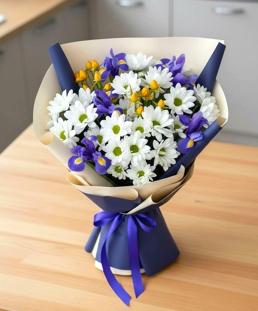 Букет цветов из: Розы, Ирисы и Хризантемы в Нововолково