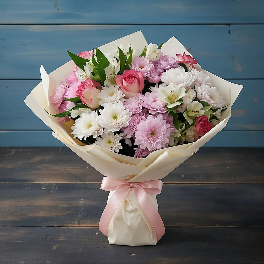 Букет цветов из: Хризантемы, Альстромерии и Розы в Нововолково